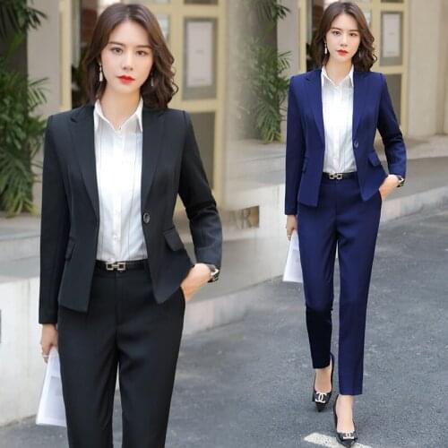 New Navy Black Female Elegant Womens Pants Suit Trouser Dress Blazer Costumes Jacket Office Ladies Work Wear 2 Pieces Set Suits