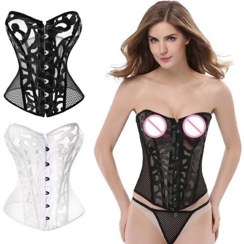 Summer Hollow Sexy Overbust Corset Women Lingerie White Black Breathable Mesh Bustier Top Body Shaper Slimming Clothes