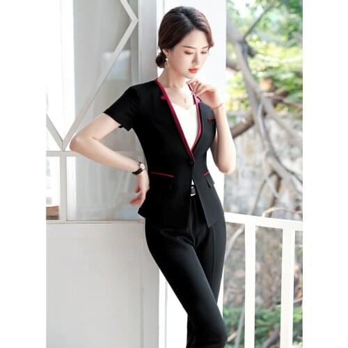 Summer Office Ladies Black Blazer Women Business Suit with Pant and Jacket Set Work Wear Uniform Pantsuits OL Styles