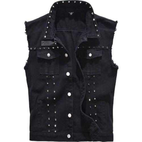 M-5XL 2021 Denim Vest Men Punk Rock Rivet Cowboy Black Jeans Vest Fashion Men Motorcycle Style Sleeveless Jeans Jacket
