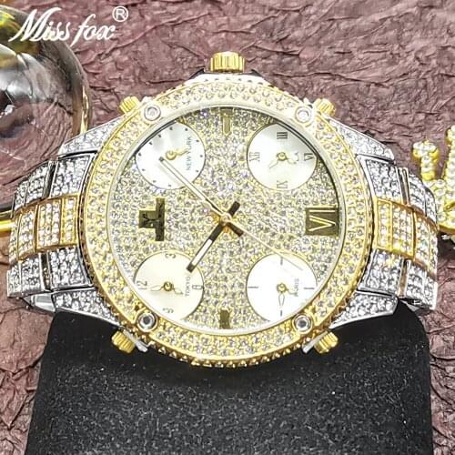2021 Hip Hop MISSFOX Iced Out Men Watches Multiple Time Zone Stainless Steel Diamond Watch Luxury Brand Luminous Quartz Clocks