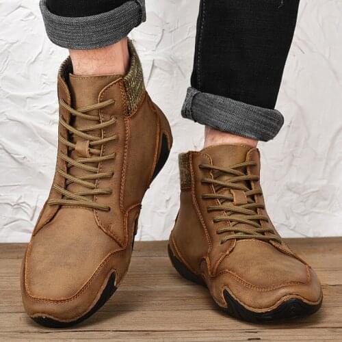 Walking Men Boots Fashion Ankle Leather Men Shoes Warm Plush Winter Snow Mens Casual Shoes Comfortable Light Big Size 48