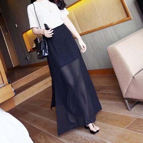New Fashion Korea style women maxi long chiddon skirts,sexy Split skirt,plis size Bohemian beach skirts Black white res M-8XL