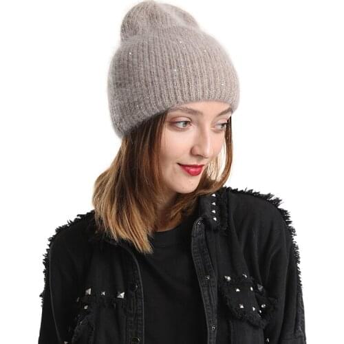 New 30% 2020 Rabbit Fur Beanie Hat Women Winter Hats Bling Sequins Knitted Warm Skullies Beanies For Women Gorros Female Cap
