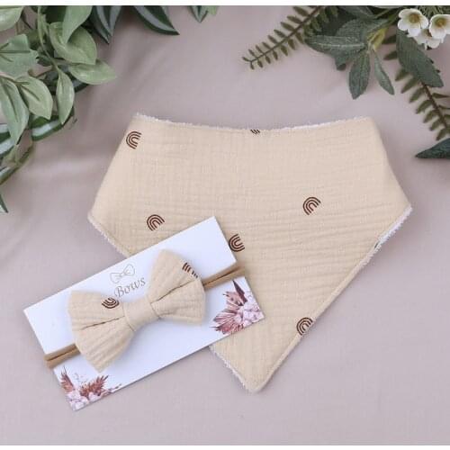 2 Pcs Baby Girls Elastic Bow Headband Saliva Towel Set Princess Cotton Solid Color Bowknot Hair Band Bib Kit
