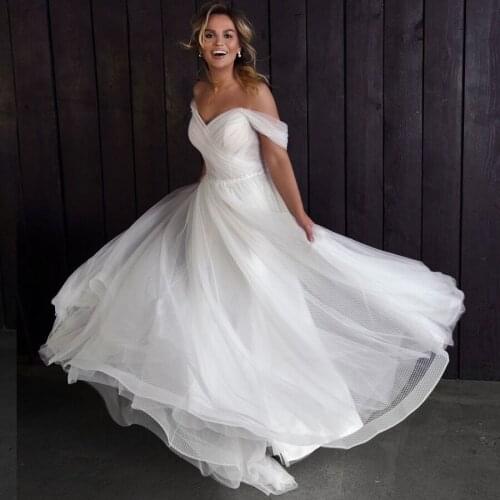Charming Off-the-shoulder A-line Wedding Dresses with Beads White/Ivory Sweep Train Vestido de Novia Bohemian Bridal Gown