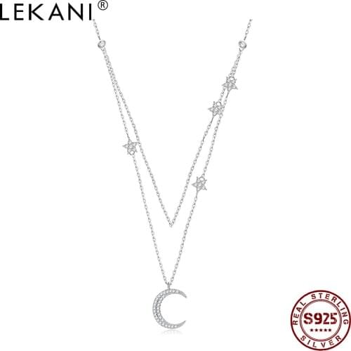 LEKANI Double Chain Necklace For Women 925 Sterling Silver Inlay Full Zirconia Star And Crecent Moon Pendent Necklace Jewelry