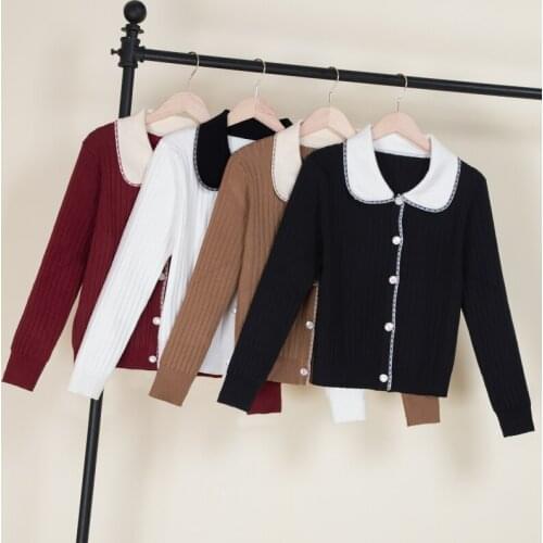 Fall 2021 korean fashion round neck black cute tops cardigans womens crochet pink top knitted sweaters long sleeve top clothing