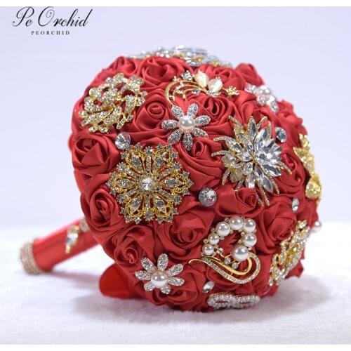PEORCHID 2019 Red And Gold Wedding Bouquet Crystal Jewels Fake Bridal Bouquet With Brooch Blue/Burgundy Bride Holding Flower