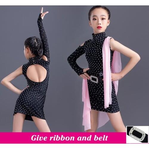 Girls Latin Dance Dress Black Dress Rhinestone Open Back Kids Ballroom Tango Samba Competition Dress Latin Dance Wear Set 4567