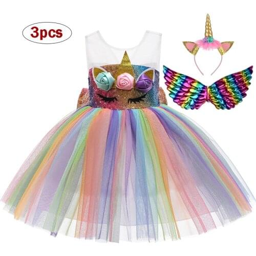 Flower Girl Unicorn Rainbow Wedding Party Dress Baby Kids Birthday Party Sequins Big Bow Princess Tulle Dress Children Vestidos