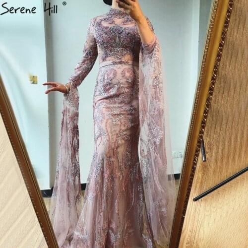 Dubai Pink Mermaid Luxury Evening Dresses 2020 Long Sleeves Crystal Beading Formal Dress Evening Gown Serene Hill BLA70595