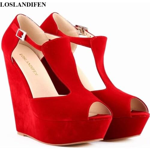 Peep Toe High Platform Wedges Sandal Women 2021 New Summer Solid Flock T-shape Buckle Rome Sandals Concise High Heels Shoes 14cm