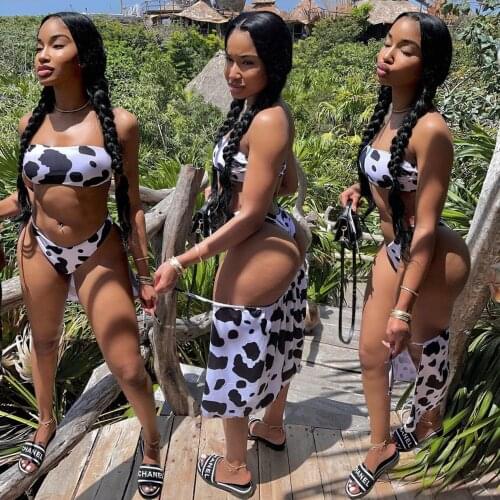 Echoine Sexy Cow Dot Print Strapless Crop Top Bikini 3 pcs Swimsuit Women Skinny Bodycon Beach Vacation Swimsuit Retro Swimwear