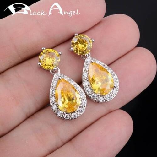 BLACK ANGEL Water Drop Shaped Luxury Tourmaline Citrine Sapphire Pink Gemstone Drop Earrings For Women Jewelry Christmas Gift
