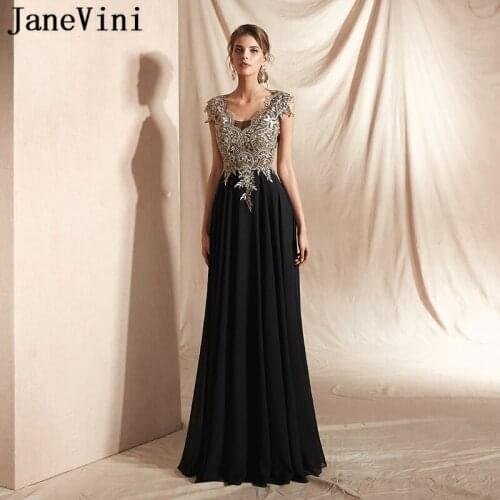 JaneVini Sexy Deep V Neck Long Evening Dresses A Line Beaded Formal Black and Gold Prom Dress Lace Appliques Chiffon Party Gowns