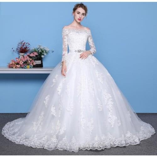 Long Sleeves Wedding Dresses 2021 Princess Lace Bridal Bride Gowns Luxury Vintage Off The Shoulder Robe De Mariage