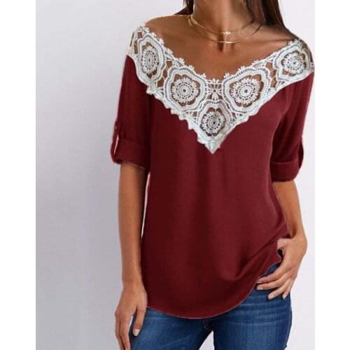 Blouse Shirt V Neck Patchwork Hollow Out Half Sleeve Chiffon Blouse Solid Color Elegant Loose Fashion Plus Size Retro Blusas