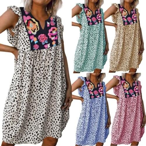 Women Dress Summer Vintage V Neck Ruffled Edges Leopard Floral Patchwork Knee-length Dress Sundress Female Vestido 3XL New