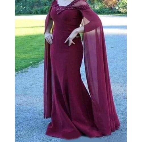 2020 Burgundy Custom Made Mermaid Prom Dresses with Chiffon Flutters Long Beaded Evening Dresses Party Gowns Women Formal Wear