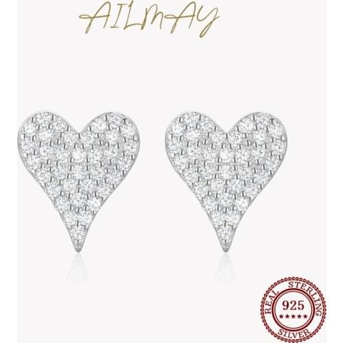 Ailmay Real 925 Sterling Silver Fashion Heart Shape Full Drill Clear CZ Stud Earrings For Women Girls Party Accessories Jewelry