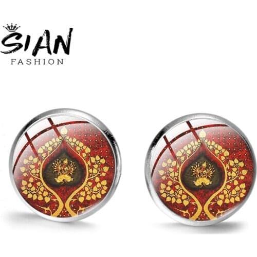 SIAN Classic Ganesha Buddha Elephant Stud Earrings Bronze Silver Color Crystal Handmade Earring Fashion Women Jewellery Trinket