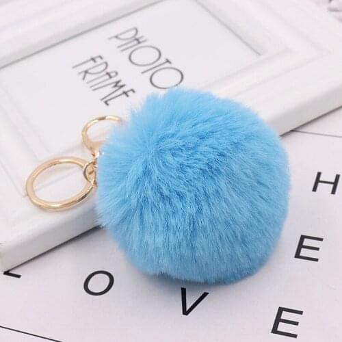 Solid Faux Rabbit Fur Ball Keychain Cute 8cm Fluffy Ball Key Chain With Gold Color Lobster Clasp Women Bag Hanging Pendant