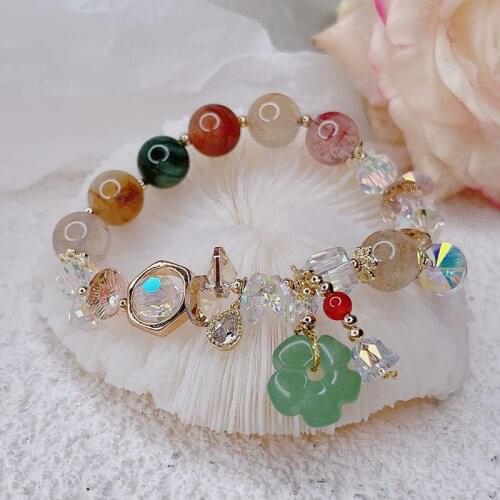 Ethnic Green Jade Flower Waterdrop Pendant Multicolor Rutilated Quartz Crystal Beaded Bracelets for Women Fine Jewelry YBR572