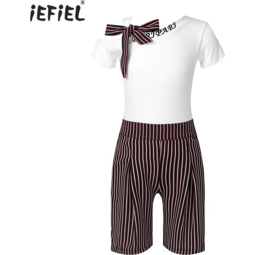 Kids Baby Girls Clothes Set Summer One-shoulder Short Sleeve T-shirt Tops + Striped Shorts 2Pcs Outfits Children Clothing Suit