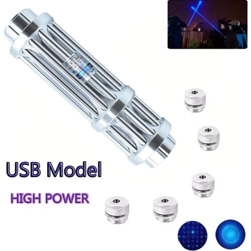 USB model Powerful Burning Blue Laser Torch 445nm 10000m Multifunction Focusable Laser Sight Pointers Flashlight Burn Match
