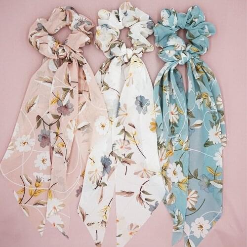 Fashion Flower Ribbon Hair Scrunchies for Women Hair Ring Long Ponytail Chiffon Fabric Ribbon Hair Ties Hair Accessories