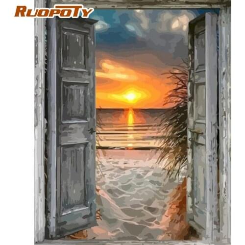 RUOPOTY Framed Front Door Beach Landscape Picture By Numbers Kits For Adults Hand Painted Diy Gift 40x50cm Draw Canvas Photo