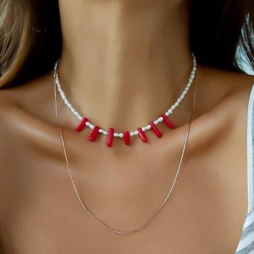 2020 New Trendy Rice Bead Red Long Strip Clavicle Chains for Women Fashion Irregular Double Necklace Female Jewelry Accessories