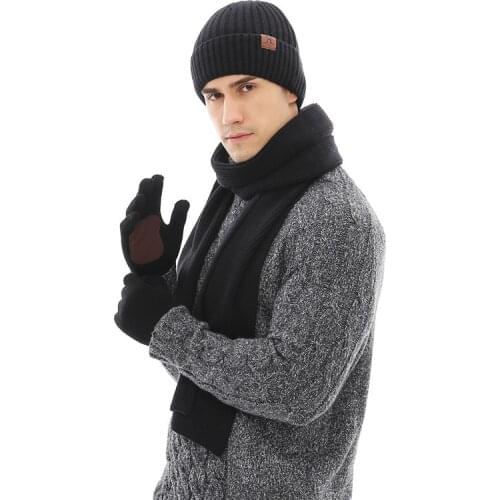 The new autumn/winter 2021 scarf, hat, glove, men and womens thick palm and leather knitted wool warm three-piece set