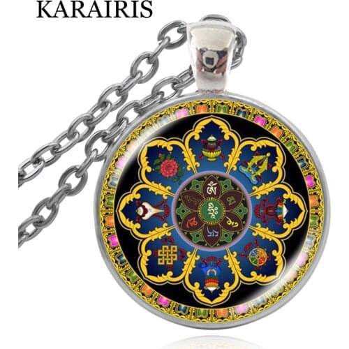 KARAIRIS Vintage Om Indian Yoga Mandala Necklace Glass Dome Buddhist Chakra Glass Bullion Pendant Necklace Jewelry For Man Women