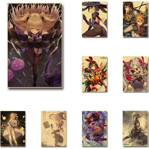 Hot Game Genshin Impact Series Kraft Paper Posters Anime Cartoon Character Sticker for Home Gameroom Bar Art Wall Decorative