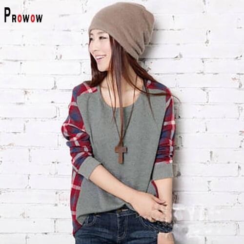 Prowow Long Sleeve Womens Shirt 2021 New Spring Fall Casual O-neck Pullover Shirts for Woman Plaid Plus Size Female Top Outfits