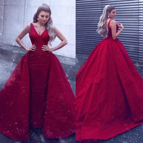 2020 Luxury Plunging Neck Sheath Evening Dress With Detachable Train Red Special Occasion Dresses Custom Made Arabic Prom Gowns
