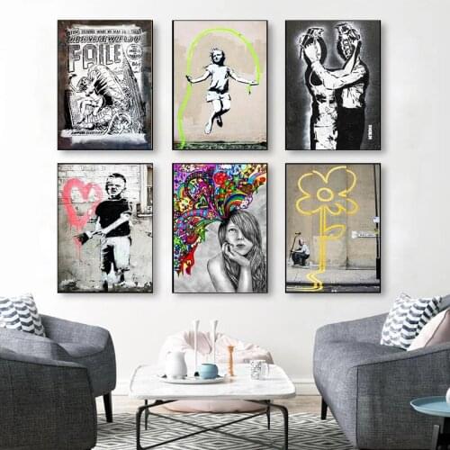 Modern Whimsical Girl Canvas Painting Abstract Banksy Art Posters and Prints Nordic Style Wall Art Pictures for Home Decoration