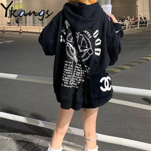 Harajuku Bf Trend Gothic Printing Hoodie High Street Hip Hop Long Sleeve Dark Style Women Clothing Spring Autumn Hooded Pullover