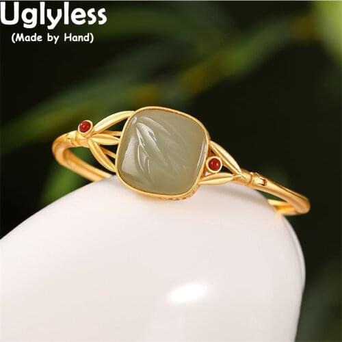 Uglyless Ethnic Bamboo Bangles Bracelets for Women Carved Bamboo Leaves Square Jade Bracelets 925 Silver Eastern Beauty Jewelry