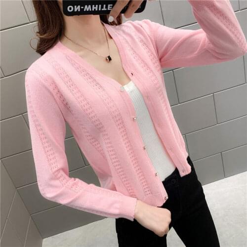 Women 2020 Summer Fashion Sweater Cardigan Thin Coat Female Long Sleeve Short Knit Tops Hollow Out Sunscreen Knitwear Shirt G195