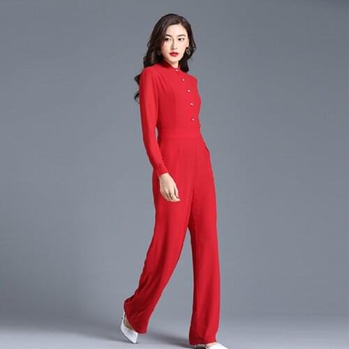 Women Jumpsuit 2020 New Autumn Red High Waist Long Sleeve Chiffon Elegant Wide Leg Summer Party Rompers Plus Size 3XL 4XL
