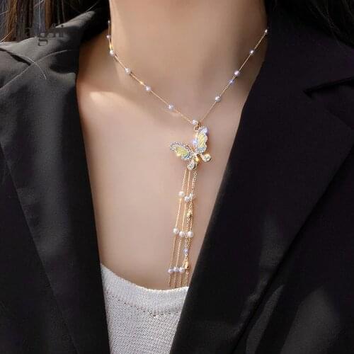 HangZhi 2020 New Korean Trendy Zircon Pearl Long Tassel Color Butterfly Pendant Collar Necklace for Women Summer Travel Jewelry