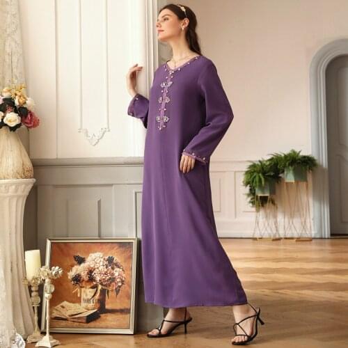 Ladies Retro Solid Color Dress Womens Autumn Sundress 2021 Female Abaya Dubai Hijab Muslim Dress Kaftan Vestidos Robe Purple