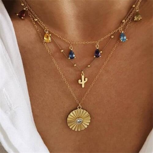 2021 European and American Personality Retro creative disc 3-layer geometric cactus colored gemstone necklace female