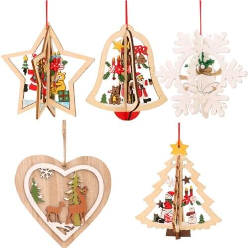 5pcs Christmas Decorations Wooden Hollowed-Out Hangings Christmas Tree Pendant Drop Ornament Christmas Party Supplies