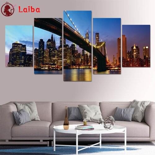 5D round Diamond Embroidery City building night view bridge Diamond Painting Full Square Mosaic Cross Stitch Handmade Gift5pcs