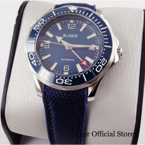 BLIGER Brand Fashion 41mm Self Winding Men Watch Sapphire Glass GMT Model Rubber Strap