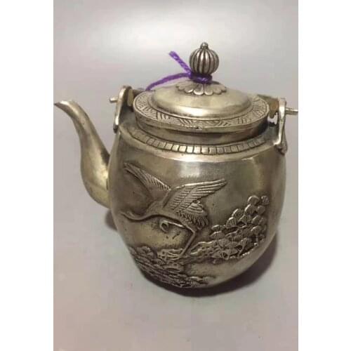 Exquisite Chinese Old Decorative Auspicious White Copper Crane Teapot